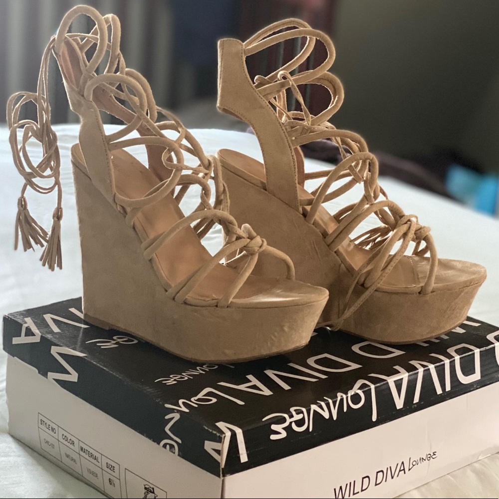 Suede nude wedges